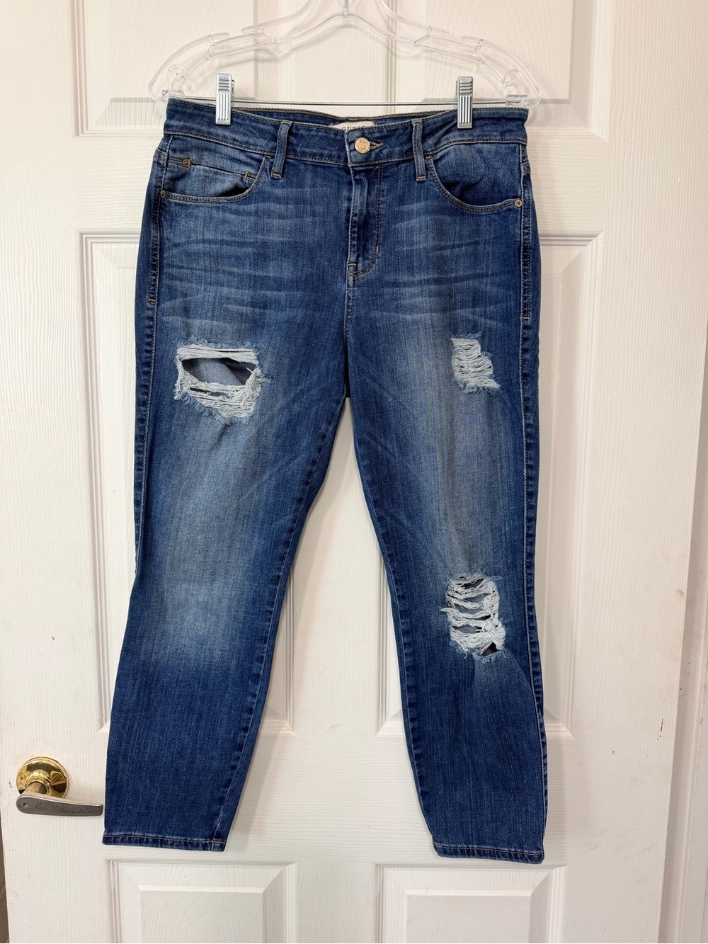 Guess Women's Distressed Dark Blue Boyfriend Jeans